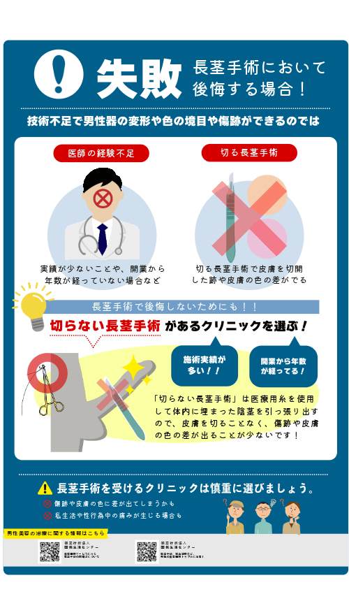 長茎手術で後悔する要因：手術失敗による周囲にバレるような男性器の変形や色の境目が見られた