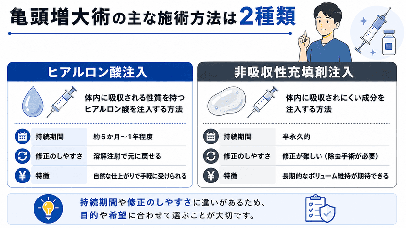 亀頭増大術は、ヒアルロン酸注入と非吸収性充填剤の2種類が主流