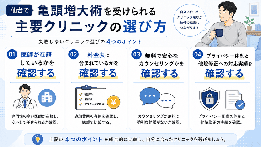 仙台で亀頭増大術を受けられる主要クリニックの選び方