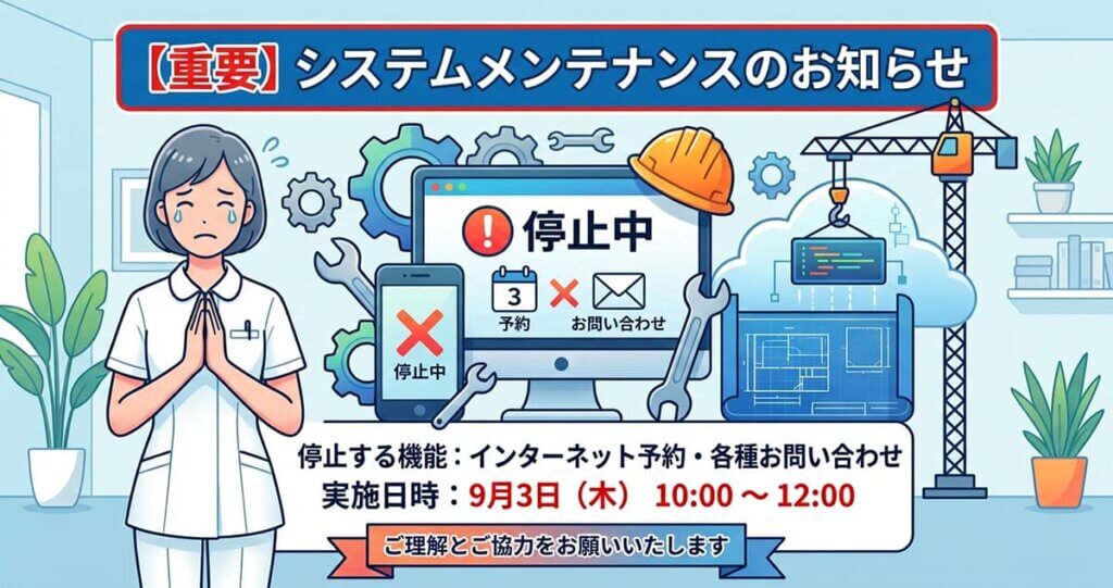 news_20260829_03 | 医療法人社団實理会 東京国際大堀病院 【重要】システムメンテナンスに伴う「インターネット予約」および「お問い合わせ」停止時間発生のお知らせ