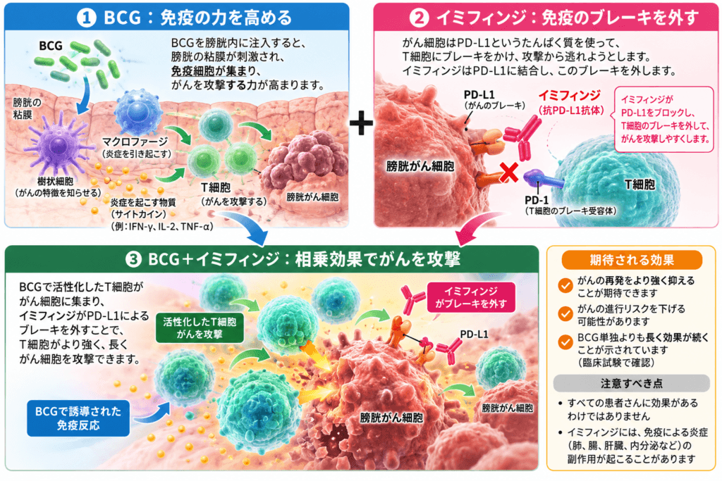 免疫療法の仕組みを解説する3部構成の図。BCGで免疫を高め、イミフィンジがPD-L1をブロックしてがん細胞を攻撃する流れを示す。