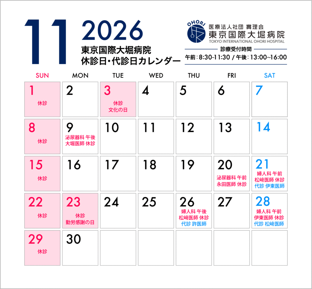calendar202611_01 | 医療法人社団實理会 東京国際大堀病院 東京国際大堀病院2026年11月休診日カレンダー/2026年10月27日更新